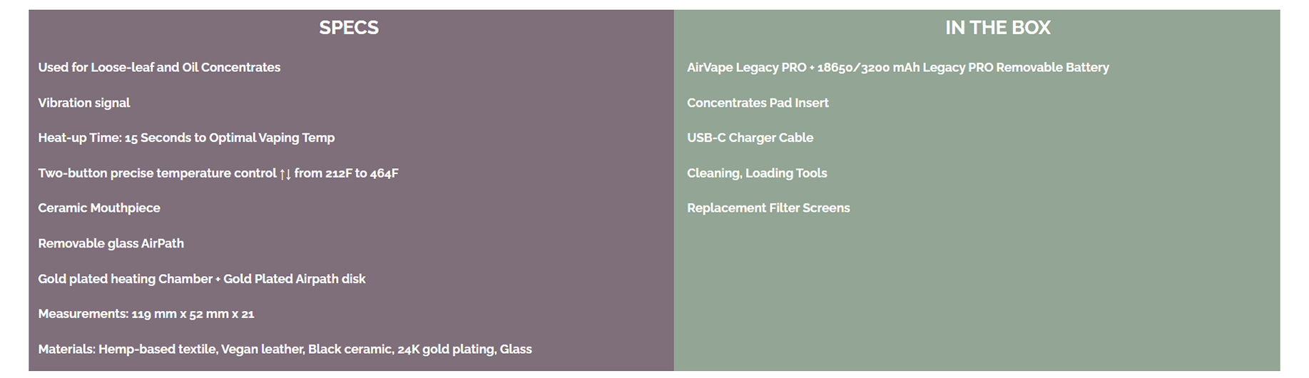 AirVape Legacy Pro Vaporizer Specs