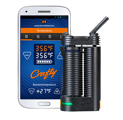 Crafty Vaporizer for Cannabis and iphone app shown