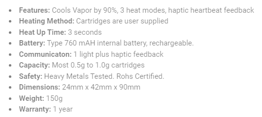 DaVinci Artiq Vaporizer Specifications
