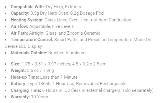 DaVinci IQ2 Vaporizer Specifications