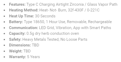 DaVinci IQC Vaporizer Specifications