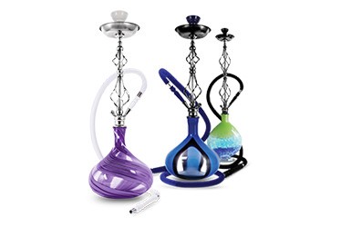 Hookahs next to each other in purple, blue and mix green color on a white background