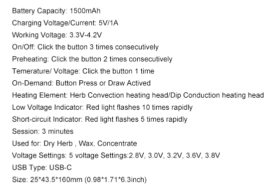 XVape Fyra Vaporizer Specifications