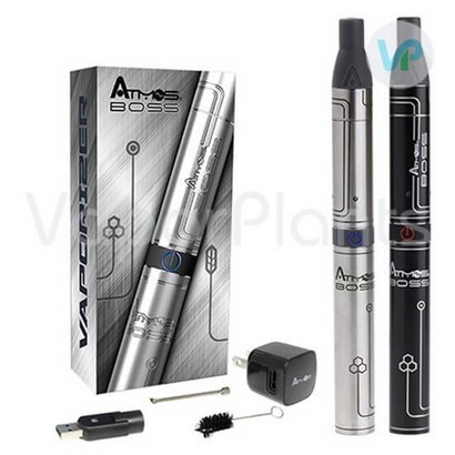 Atmos Boss Vaporizer Silver and Black next to a Box and Accessories