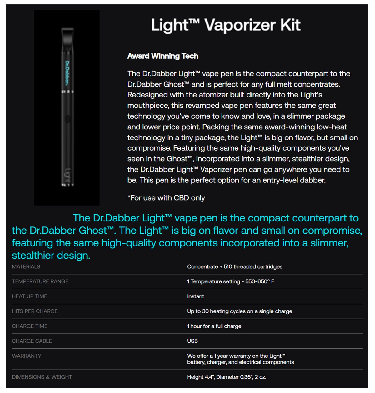 XVape Avant Vaporizer Specifications