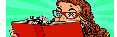 Drawing of a female is reading a manual while wearing glasses