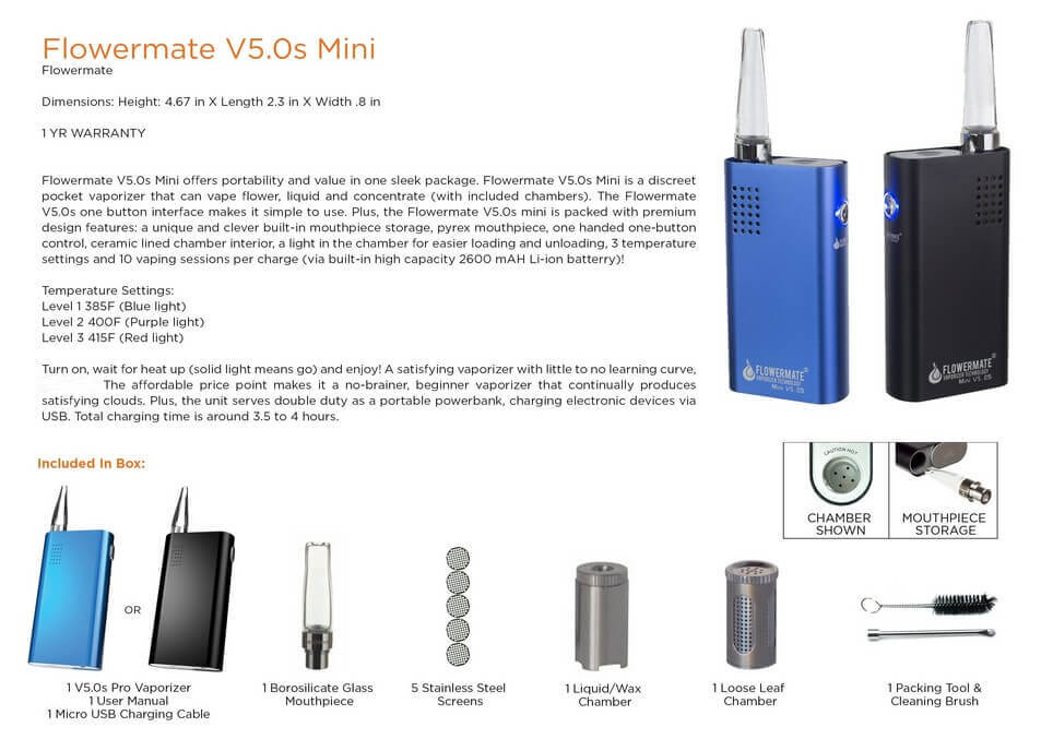 Flowermate Weed Vaporizer V5.0S Mini Information