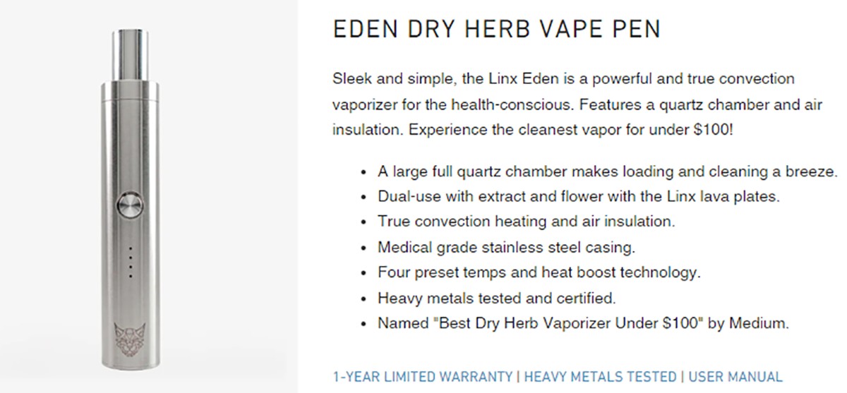 Linx Eden Dry Herb Vape Pen Information