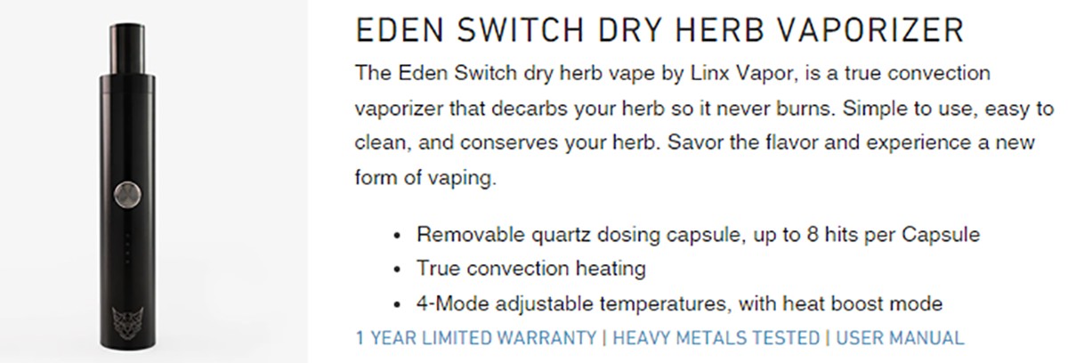 Linx Eden Switch Herbal Vaporizer Information