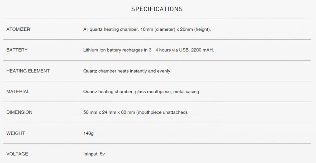 Linx Gaia Dry Herb Vaporizer Specifications