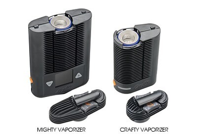 Mighty Vaporizer next to Crafty Vaporizer for Cannabis with open heating chamber