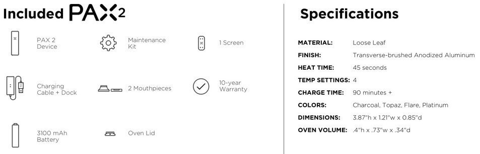 Pax 2 Cannabis Vaporizer Features and Specifications