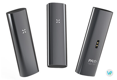 Pax 3 Vaporizer shown three times, front, side, and back