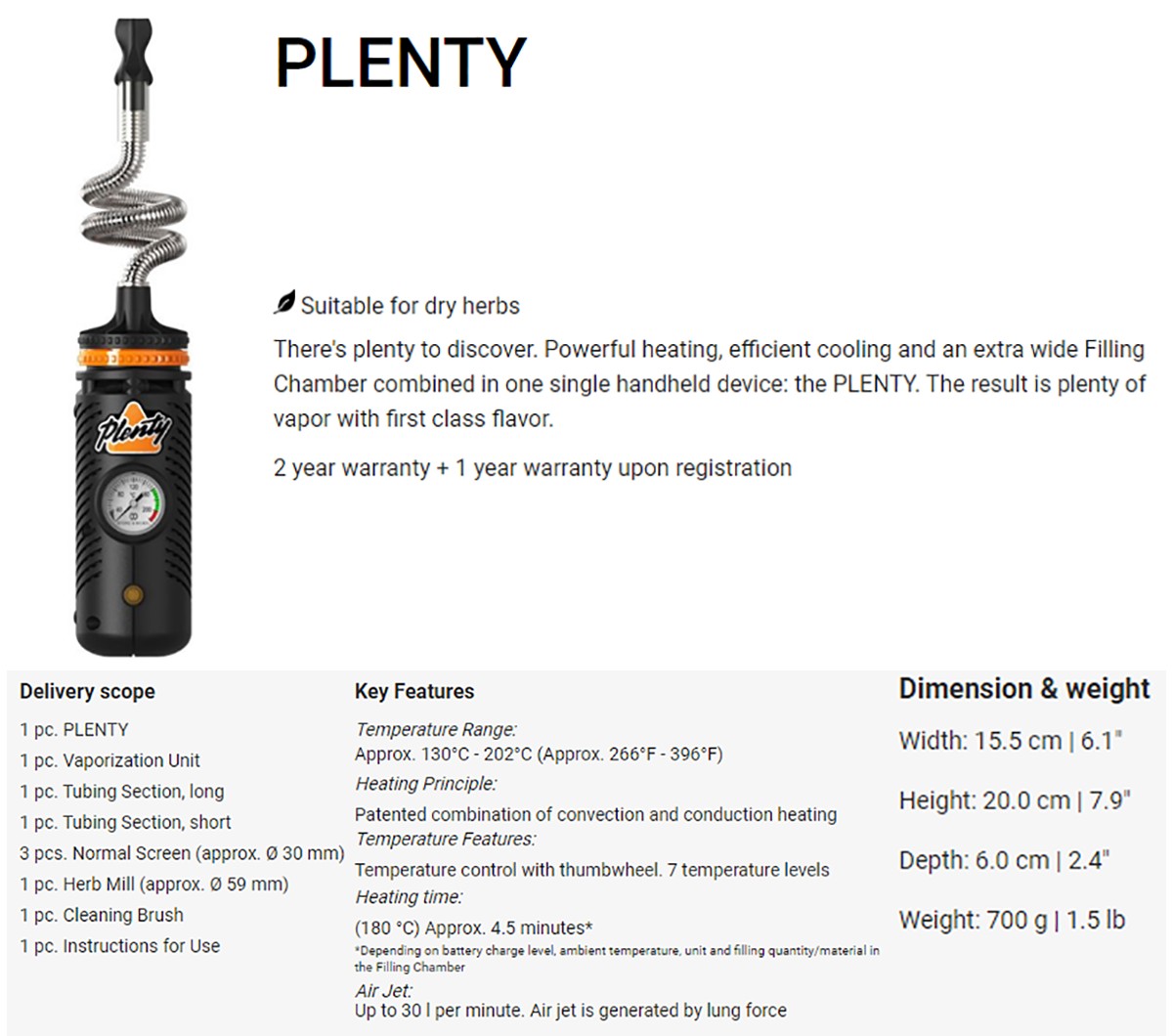 Plenty Vaporizer Specifications