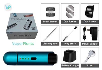 Prima Vaporizer Review showing mesh screen, cap screens, cleaning tool pick, plug brush, power supply, battery charger, scoop
