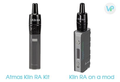 Atmos Kiln RA kit next to Atmos Kiln atomizer on a vape mod box