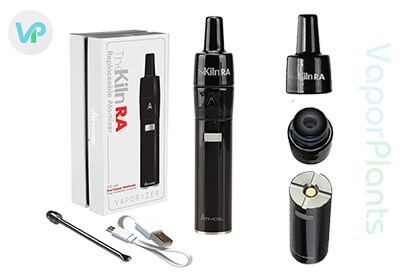 Atmos Kiln RA in black package next to charger and wax tool pick
