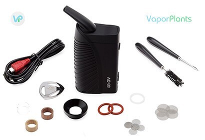 Boundless CFV vaporizer kit with usb charger, cleaning brush, loading tool, replacement mesh screens, wooden and glass ring