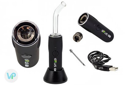 Exxus Go vape for Wax Cannabis next to charger, loading wax tool, charger