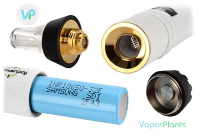 FocusVape Pro heating chamber and mouthpiece next to the battery and holder