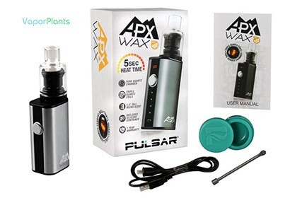 Pulsar APX for concentrate oils next to box, manual, silicon wax jar container, dab loading tool pick and USB charger