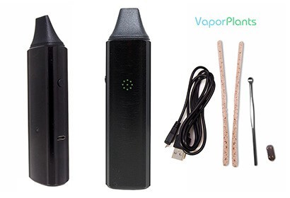 VaporFi Atom next to USB charger, wax loading tool pick, and 2 cleaning brushes