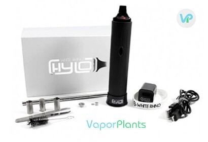 White-Rhino Hylo next to box, heating chambers, cleaning brush, loading tool, USB charger and screens