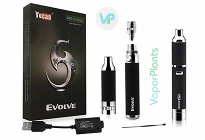 Yocan Evolve Plus next to the box, with mouth piece, atomizer and battery apart