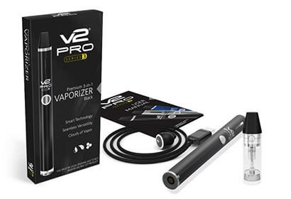 V2 Pro Series 3 vape pen next to charger and manual with box